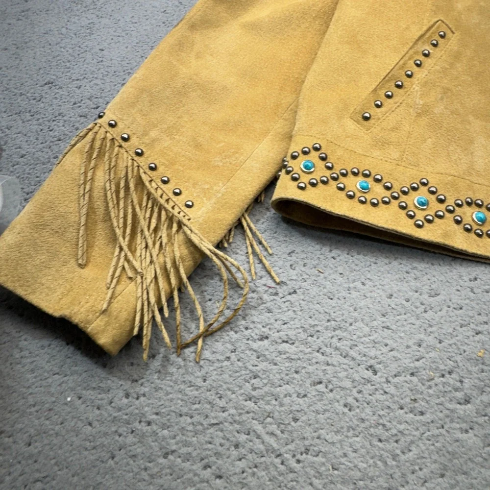 Scully Leather Fringe Jacket Womens XL Tan Suede Studded Turquoise Western Boho